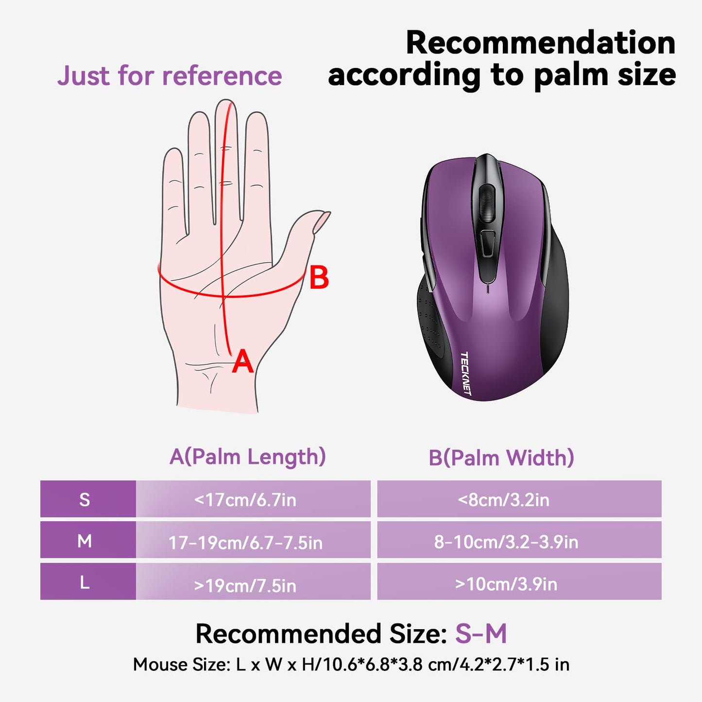 TECKNET Wireless Mouse, BT 5.0/2.4G, Silent 4800 DPI 6 Buttons, Purple
