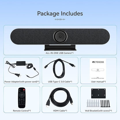 Retekess TC201 4K USB Video Conference Room Camera, AI Auto Fram, Speaker Tracking,120° Wide Angle, 5X Zoom,4 Noise-reducing Mic & 5W Speaker, for Small Meeting Rooms