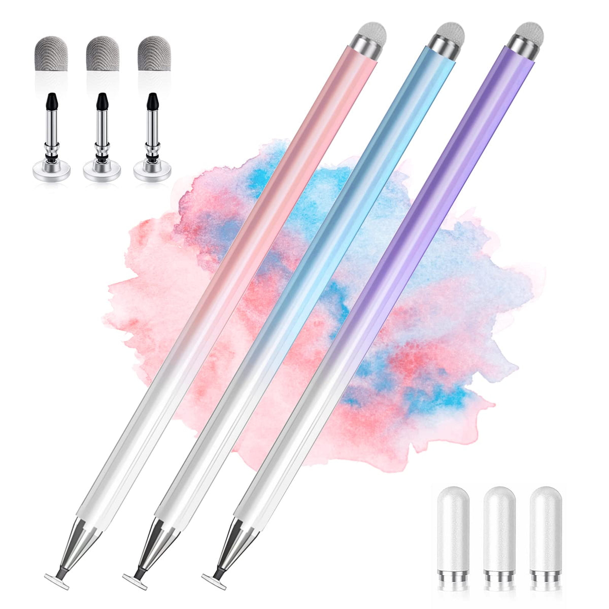 Stylus Pens for Touch Screens, 2 in 1 High Precision Universal Stylus Pen for iPad Compatible with Apple, iPhone, iPad, Android, Samsung Tablets, Phones, 3 Pack-Pink, Purple, Yellow
