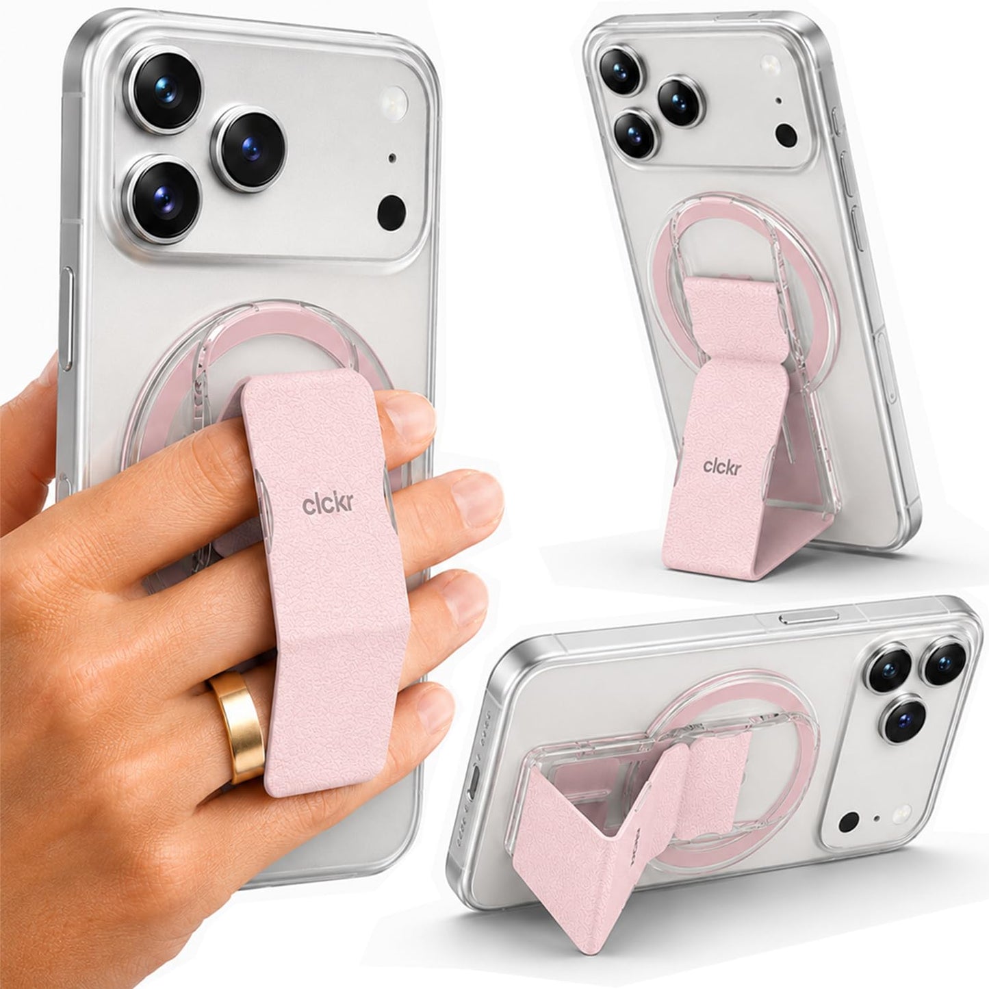 CLCKR Finger Phone Grip for MagSafe Stand, Phone Grip Loop Holder with Kickstand, Magnetic Phone Grip Holder, for iPhone 16/15/14/13/12 Pro Max Plus Series, Clear Pink