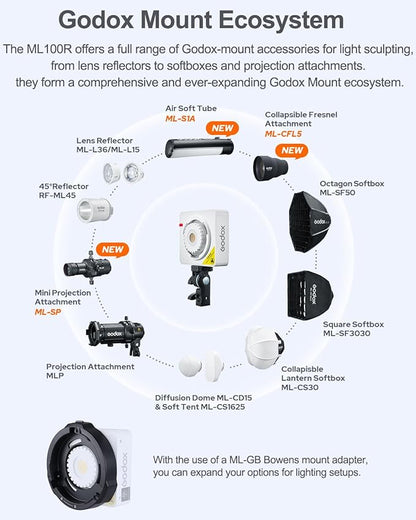 Godox ML100R 110W RGB Portable LED Video Light, 1800K-10000K, Full HSI & CCT 1800K–10,000K, CRI 95+, 14 FX, App/Onboard Control, Compact Pocket Light for Filmmaking, Live Streaming, Video Photography