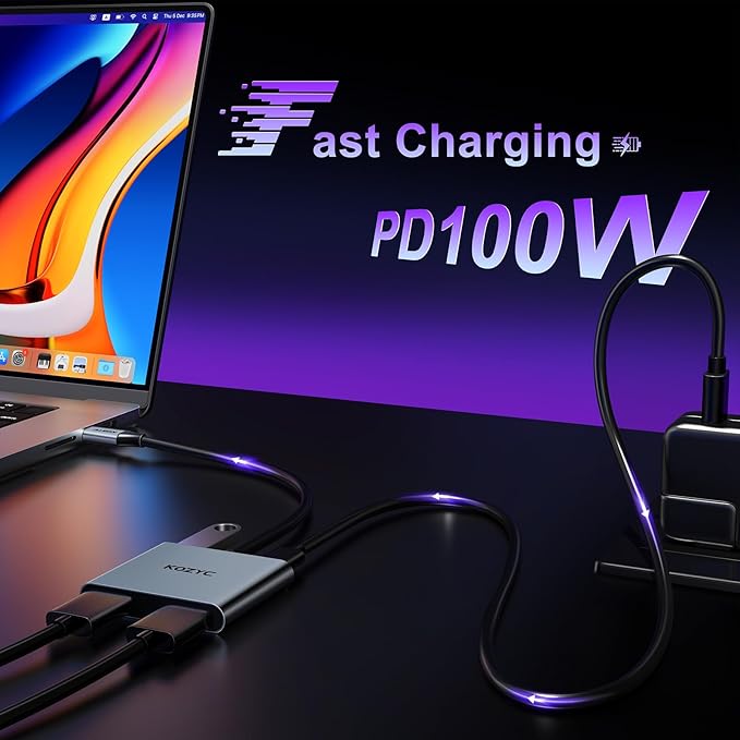 USB C to Dual HDMI Adapter 4K@30Hz, KOZYC USB C Hub Multiport Adapter with 2xHDMI, USB 3.0, 100W PD, Support USB C to HDMI Splitter Extended Display for MacBook Pro (MST is not Supported on MacOS)