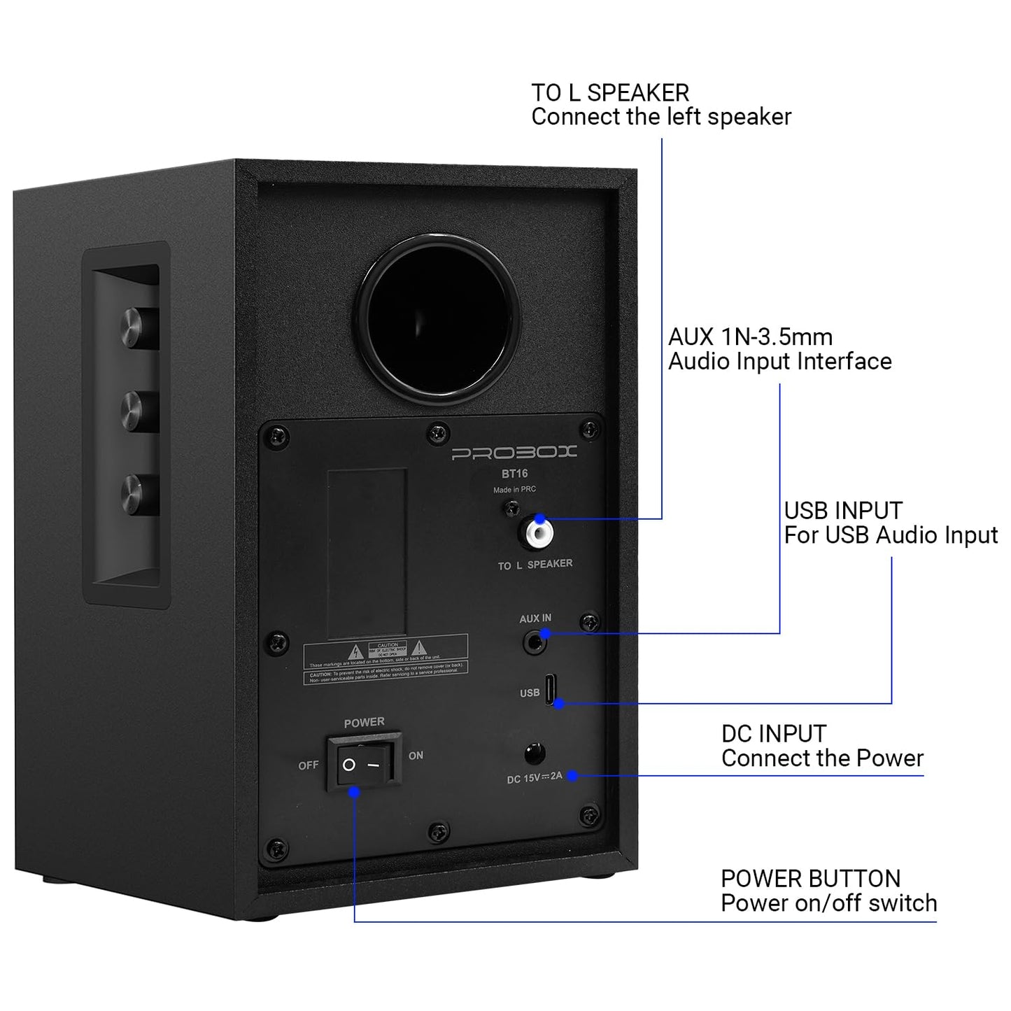 Probox Powered Bookshelf Speakers HiFi Computer Gaming Monitors with Bluetooth 5.3 & 24-Bit USB DAC Stereo Speaker PC Speakers 3.5" Woofer,1" Silk Dome Tweeter, Adjustable Bass/Treble BT16-Black