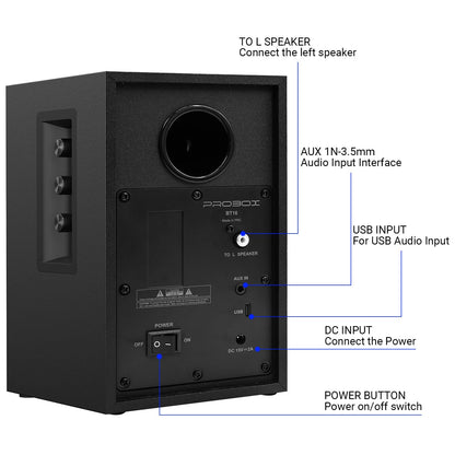 Probox Powered Bookshelf Speakers HiFi Computer Gaming Monitors with Bluetooth 5.3 & 24-Bit USB DAC Stereo Speaker PC Speakers 3.5" Woofer,1" Silk Dome Tweeter, Adjustable Bass/Treble BT16-Black
