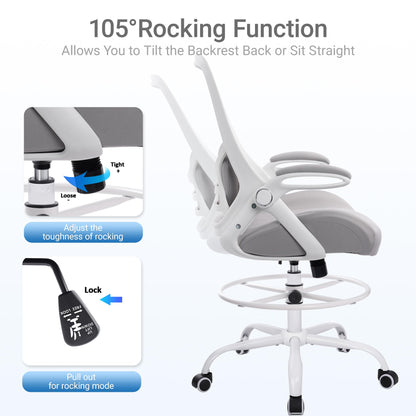 HYLONE 400lbs Heavy Duty Drafting Chair 5" Thickened Seat Office Chair with Flip-Up Armrests Tall Ergonomic Computer Chair with Lumbar Support and Adjustable Footrest Ring Standing Desk Chair (Grey)