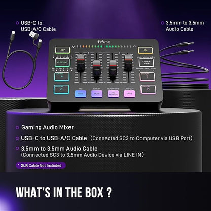 FIFINE Gaming Audio Mixer, Streaming RGB PC Mixer with XLR Microphone Interface, Individual Control, Volume Fader, Mute Button, 48V Phantom Power, for Podcast/Recording/Vocal/Game Voice-AmpliGame SC3