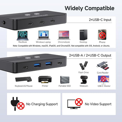 Cable Matters USB C Switch for 2 Computers with Remote Control, 10Gbps Data Transfer, Shares 2X USB-A and 2X USB-C Peripherals (Keyboard, Mouse, Printer, SSD), Data Only - No Video, No Host Charging