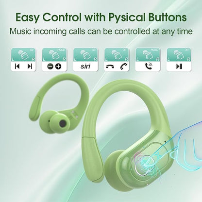 Wireless Earbuds 75hrs Bluetooth 5.4 Headphone Sport, 2025 Bluetooth Earbuds Stereo Deep Bass Over Ear Bud with Earhooks, ENC Noise Cancelling Mic, IPX7 Waterproof Earphone, Green