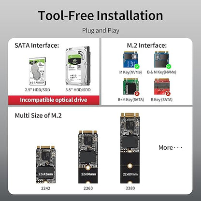 Unitek M.2 NVME SATA SSD Enclosure-2 in 1 Tool-Free Portable 10Gbps NVMe PCI-E M.2 and SATA SSD External Adapter USB 3.2 Hard Drive Reader for 2230/2242/2260/2280 NVMe and 2.5" /3.5" SSD