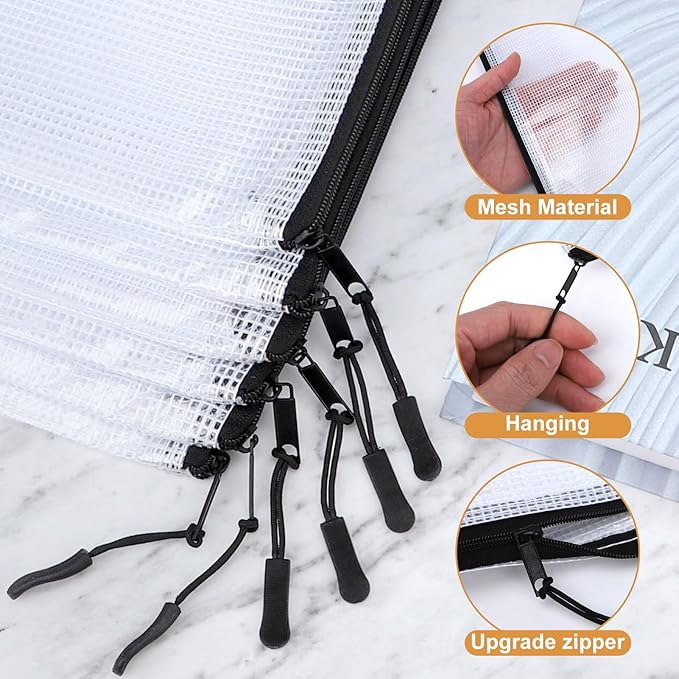 12pcs Mesh Zipper Pouch Puzzle Storage Bags A3 17x12 Inches Large File Bags Black Reusable Zipper Pouches for Organizing, Classroom Board Game Organization