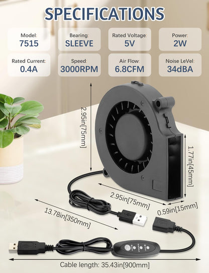 AmRunJe 75mm x 15mm USB Cooling Blower Fan 5V, for Cooling Helmet Computer