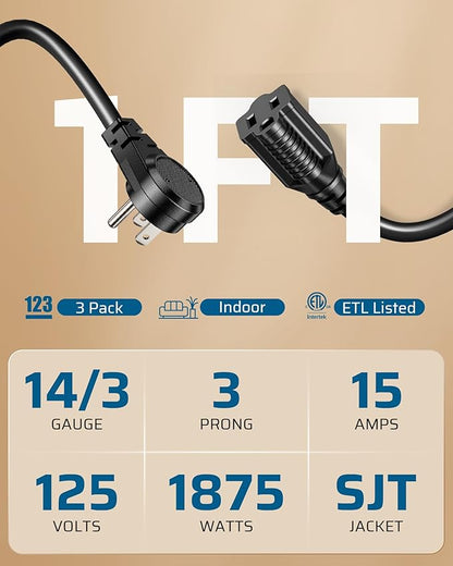 DEWENWILS 1FT Short Extension Cord, Flat Head Extension Cord Indoor with 3 Prong, Low Profile Power Cable SJT 14 AWG Flexible Power Cord for Home Kitchen, ETL Listed, 3 Pack