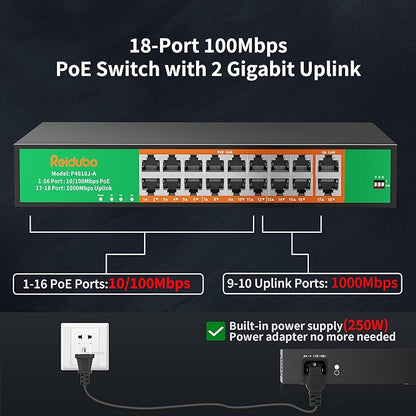 16 Port PoE Switch, 16 PoE+ 100Mbps Ports with 2 Gigabit Uplink, 300W Built-in Power, Support IEEE802.3af/at, Fanless, Rack Mount, Unmanaged Plug and Play Network Switch