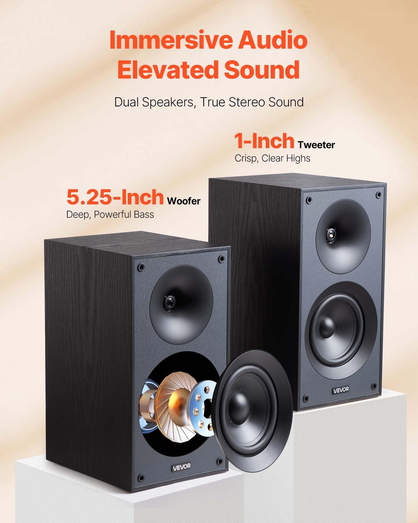 VEVOR Passive Bookshelf Speaker, 300W, Book Shelf Stereo Speakers with 5.25-Inch Woofer and 1-Inch Tweeter, Detachable Grille, 65Hz-20KHz Frequency Response, Wooden Enclosure,for Home Theater (1 Pair)