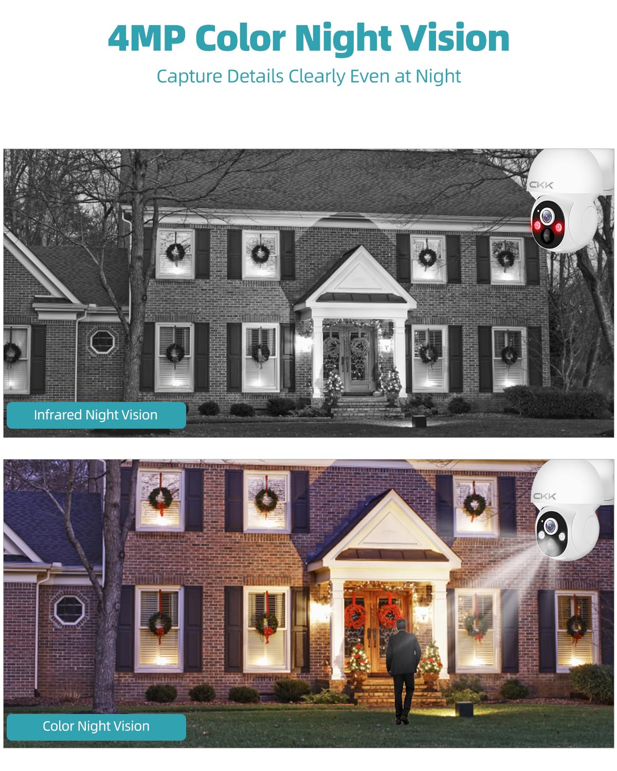CKK 2.5K 4pcs Solar Security Camera System Wireless Outdoor with 128GB Card,360PTZ, PIR Motion Detection, Color Night Vision, 2-Way Talk, IP66 Waterproof, Audible & Floodlight Alarm for Home and Yard