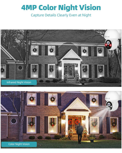 CKK 2.5K 4pcs Solar Security Camera System Wireless Outdoor with 128GB Card,360PTZ, PIR Motion Detection, Color Night Vision, 2-Way Talk, IP66 Waterproof, Audible & Floodlight Alarm for Home and Yard