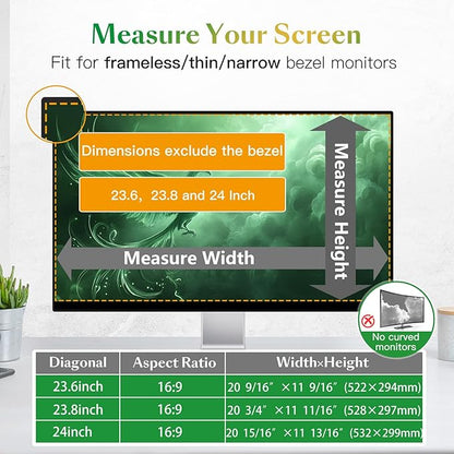 Magnetic Computer Privacy Screen Filter 24 Inch for Frameless Monitor Thin Bezel 16:9 Widescreen, 24in Hanging Removable Anti Blue Light Eye Protection Shield, Anti Spy Protector Panel