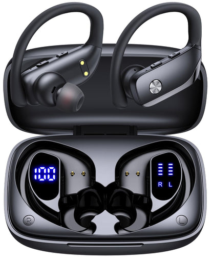 bmanl Wireless Earbuds Bluetooth Headphones Over Ear Hooks Ear Buds with 80H Playtime, LED Power Display, Dual Mic Clear Calls, Sports Wireless Ear Buds Bluetooth Earbuds for Running Gym Workout Black