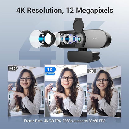 N newline 4K Webcam for PC, PDAF/CDAF Autofocus, 1080P@60FPS, 79° FOV, Auto Light Correction, 2 Noise Reduction Mics, Privacy Cover, USB-A, Streaming Camera for Skype, Teams, Online Meeting, NewEye 62