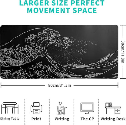 Japanese Gaming Mouse Pad Abstract Black Mouse Pad 31.5x11.8 Inch Black Sea Wave Texture Non-Slip Rubber Base Large Ocean Mousepad Stitched Edges Keyboard Mouse Mat Desk Pad for Office and Home