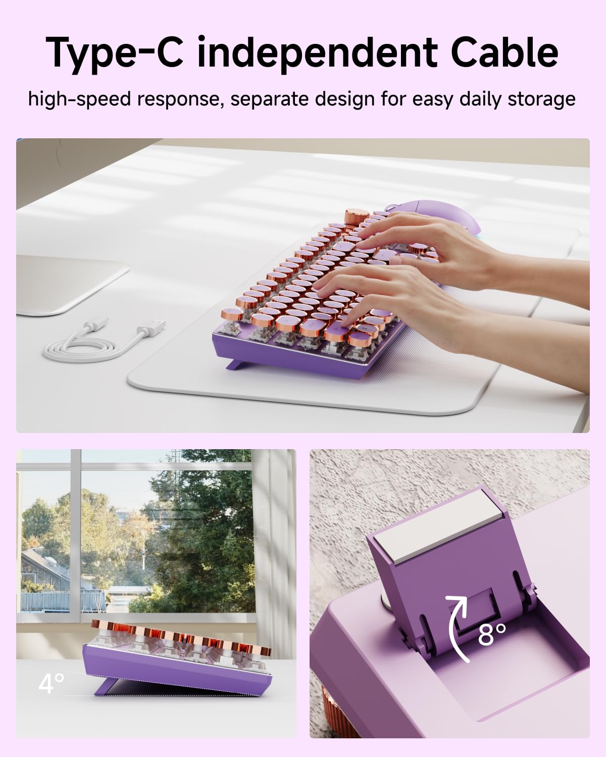EWEADN Wired Typewriter Mechanical Keyboard, Low Noise Pink Switch Retro Punk Keyboard with Media Knob, White Backlit, Metal Panel, 104-Key Round Keycaps Cute Keyboard for Windows PC -Purple