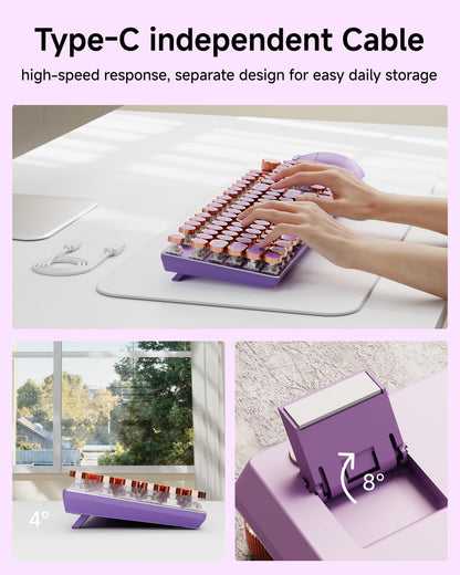 EWEADN Wired Typewriter Mechanical Keyboard, Low Noise Pink Switch Retro Punk Keyboard with Media Knob, White Backlit, Metal Panel, 104-Key Round Keycaps Cute Keyboard for Windows PC -Purple