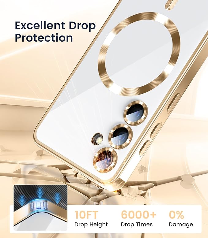 Slim Thin for Samsung Galaxy S25 Plus Case, Compatible with MagSafe, Built-in Camera Lens Protector, Shockproof Protective Phone Case, Soft Electroplated Clear Cover, Gold