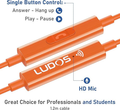 LUDOS OMNITONE USB C Headphones for iPhone 16 15 Pro Max Plus iPad Pro, 5 Years Warranty, USB-C Earbuds for Samsung Galaxy S24 S23 S22 S21 S20 A55 A54 A53, USB Type C Earphones - Orange