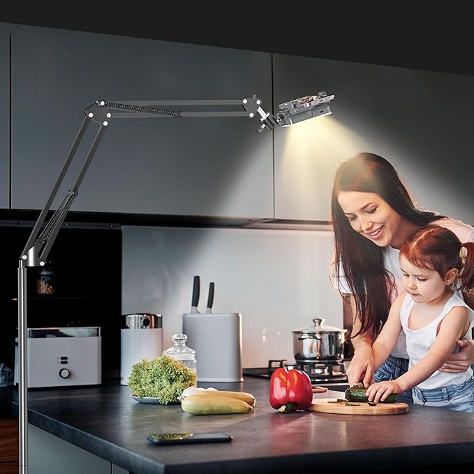 Overhead Phone Tripod for Cooking Videos with Rechargeable Light, Move Around Floor Phone Stand with Ring Light Content Creator Video Recording Selfie Photography TikTok Youtube Compatible with iPhone
