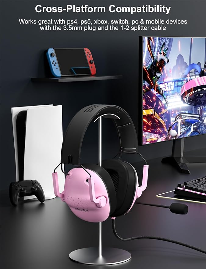 SENZER SG500 Surround Sound Pro Gaming Headset with Noise Cancelling Microphone - Soft Memory Foam Padding - Portable Foldable Headphones for PC, PS4, PS5, Xbox One, Switch - Pink