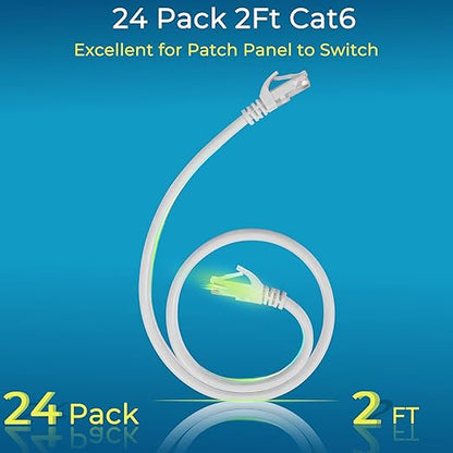 Rapink Patch Cables Cat6 2ft (24 Pack), Ethernet Patch Cable 10G Support, Cat 6 Patch Cable for Patch Panel to Switch, Flexiable Cat 6 Ethernet Cable with Gold Plated White