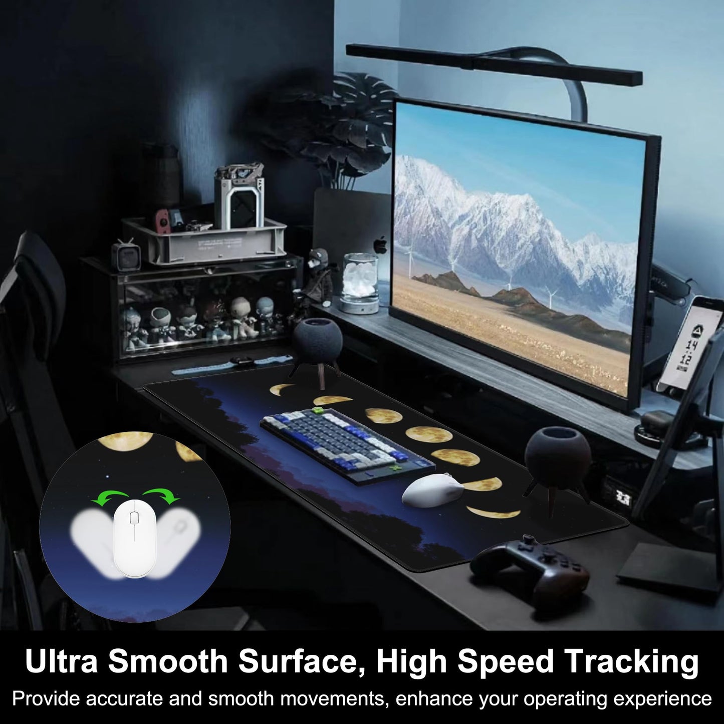 Mouse Pad, Large Moon Phase and Forest Desk Mat, Extended Non-Slip Gaming Keyboard Mousepad Desk Pad, Thick Stitched Edges Waterproof Mouse Mat 31.5"x15.7" (Moon Phase Changes)