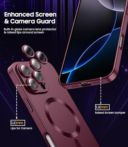 Magnetic for iPhone 16 Pro Case [Compatible with MagSafe][Built-in Camera Lens Protector] Slim Soft Silicone Bumper Shockproof Metallic Luster Phone Case (Burgundy)