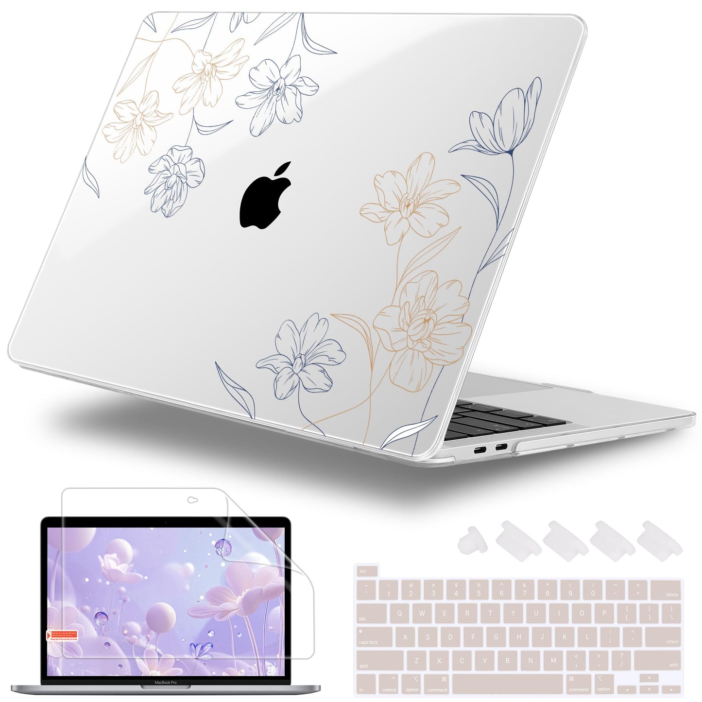 Lepeoac Case for MacBook Pro 13 inch Case M2 2022-2016 A2338 M1 A2251 A2289 A2159 A1989 A1708 A1706, Plastic Hard Shell + Keyboard Cover + Dust Plug, Floral