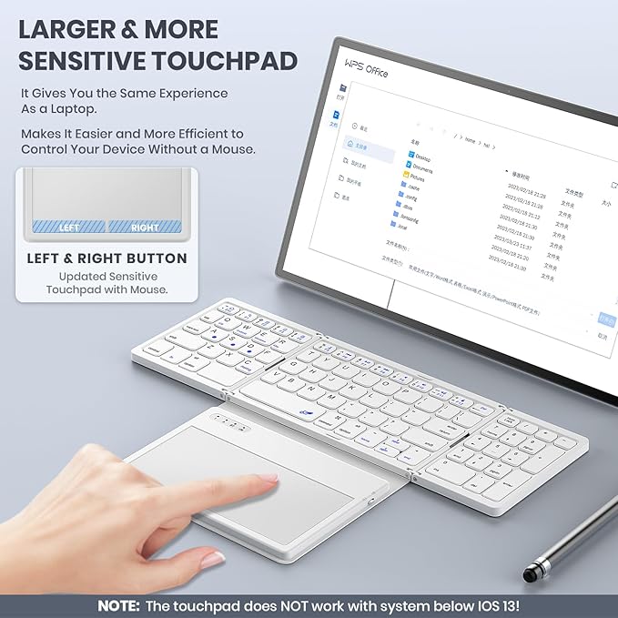 Foldable Bluetooth Keyboard, Portable Full Size Folding Keyboard with Large Touchpad, Numeric Keypad, PU Leather, Wireless TravelKeyboard for Windows Android Mac(White)