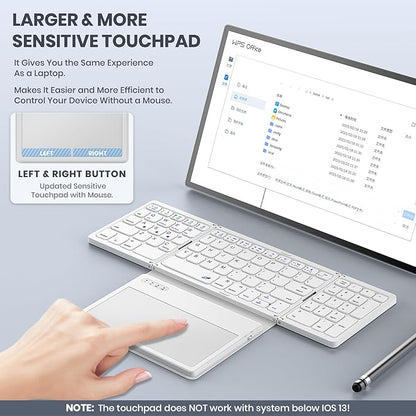 Foldable Bluetooth Keyboard, Portable Full Size Folding Keyboard with Large Touchpad, Numeric Keypad, PU Leather, Wireless TravelKeyboard for Windows Android Mac(White)
