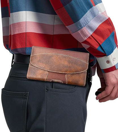 Leather Phone Holster for Men with Belt Clip, Cell Phone Holder for iPhone 17/16/15/14/13/12/Pro Max & Plus,Galaxy S25/24/23 Ultra & Plus,S24 FE,Belt Pouch Case Magnetic Closure (Brown-XL)