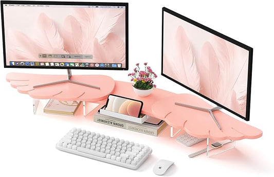 AFOOYO Dual Monitor Stand Riser,Wing-Shaped Sturdy Desktop Computer Wood Stand for 2 Monitors Cute Monitor Riser for Laptop, PC, Computer,Pink
