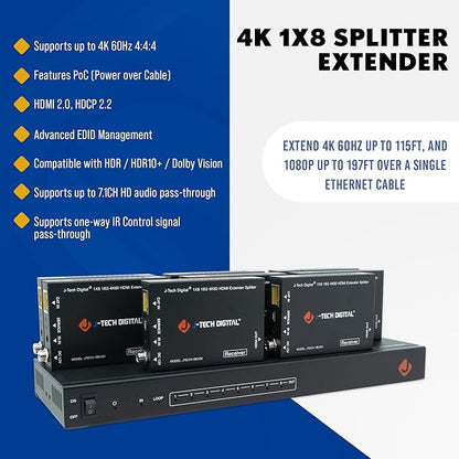J-Tech Digital HDMI 2.0 4K Extender Splitter Over Single Cable CAT6 with PoC Up to 196 FT 1-in 8-Out w/Local Loop Output & Low Latency [JTECH-18EX50]
