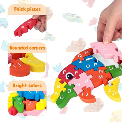 LovesTown Wooden Puzzle for Toddlers, Educational Alphabet and Number Jigsaw, Building Blocks for Preschool Learning, Dolphin Theme, 26 PCS