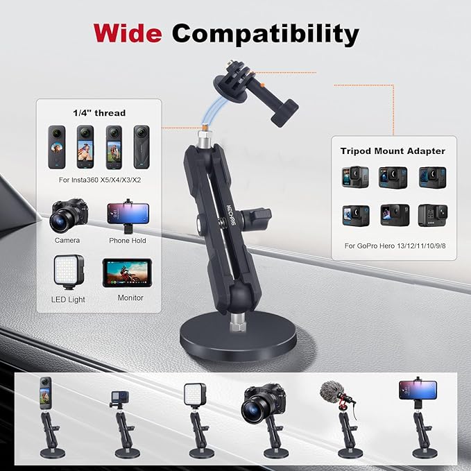 Magnetic Camera Mount for Action Camera, 12 Strong Magnet Base with 360 Rotation Ball Head- Quick Car Holder Attachment for DJl Action 5 Pro 4 Osm0 Pocket 3 GoPrO Max her0 13 12 lnsta36o X5 X4,JC030