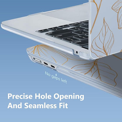 Mektron for 2025 MacBook Air 15 inch M4 Case A3241/ 2024 M3 A3114/ 2023 A2941 M2 Hard Printed Case with 15.3 Liquid Retina Display Touch ID, Plastic Hard Cover & Keyboard Skin- Gold Flower S718-Blue