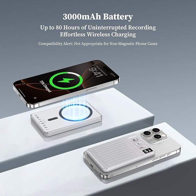 AI Voice Recorder - Voice Recorder w/No Fee for Transcribe & AI Summarize by ChatGPT, APP & Web Control, 121 Languages, 64GB Memory, Wireless Charging,Digital Voice Recorder for Meetings/Calls Silver