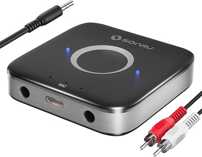 Bluetooth 5.3 Adapter Hi-Fi Equipment for Car Wireless Audio Receiver with 3.5mm AUX RCA Cable, Noise Cancellation, Dual AUX Outputs for Home Speakers Wired Headphones
