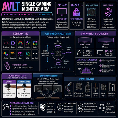 AVLT Single 27”-45” RGB Gaming Monitor Arm Desk Mount -Black