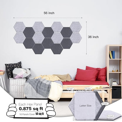 Mollywell Hexagon Acoustic Panels, High Density, Soundproofing, Decorative Noise Reduction Felt Wall Tiles for Ceilings, Home Office & Gaming Room (Moon and Silver Gray), 14x12x0.4 Inch