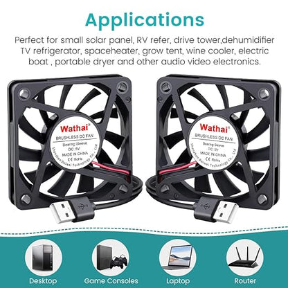 2 Packs Wathai 60mm x 10mm USB Computer Fan 5V with Speed Control DC Brushless Cooling Fans for Charger PC Case Router Raspberry Pi Radiator Cooler Ventilation