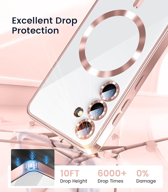 Slim Thin for Samsung Galaxy S25 Case, Compatible with MagSafe, Built-in Camera Lens Protector, Shockproof Protective Phone Case, Soft Electroplated Clear Phone Cover, Rose Gold