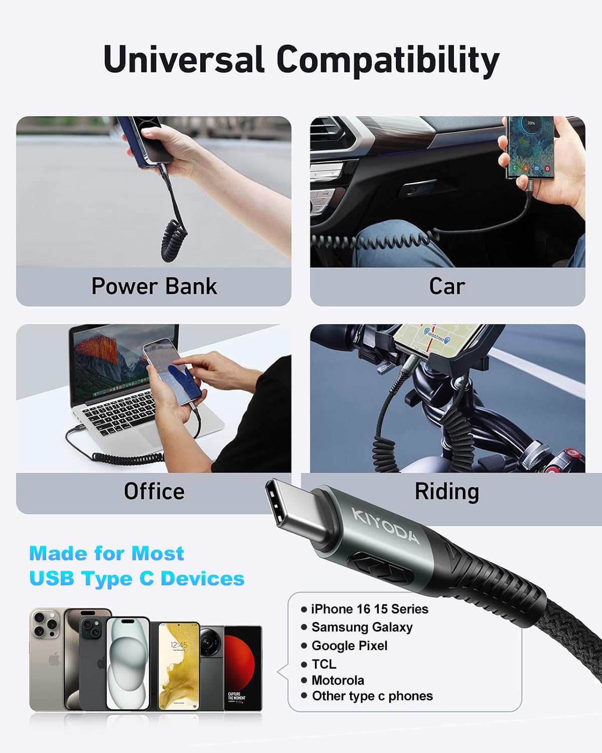 USB A to USB C Cable 3FT/6FT, Coiled USB C Cable for Car, 66W USBC Cable