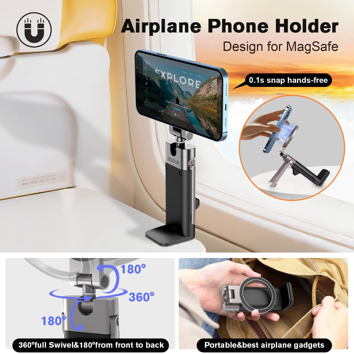SOGUE Airplane Travel Essentials Men Phone Holder,Plane Phone Mount for MagSafe,Foldable Magnetic Phone Stand for Desk 360° Swivel Universal in Airplane Gadgets for iPhone 17